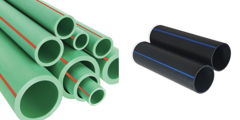 So sánh ống PPR và HDPE: ống PPR xanh lá sọc đỏ và ống HDPE đen sọc xanh